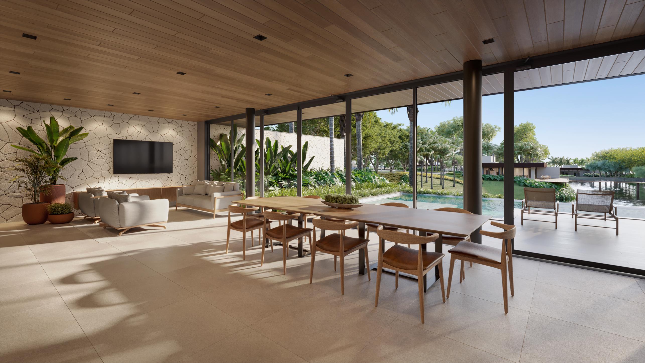 Family space com cozinha integrada e vista para o lago
