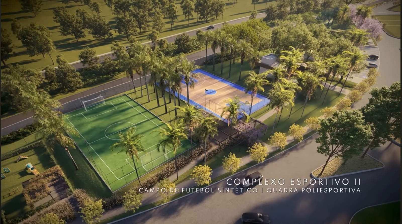 Complexo esportivo com campo de futebol e quadra poliesportiva